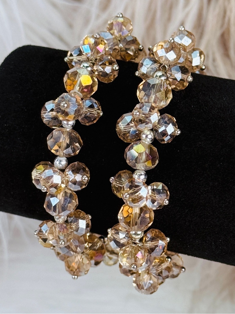 Set of 2 Faceted Champagne Bead Cluster Stretch Bracelets
